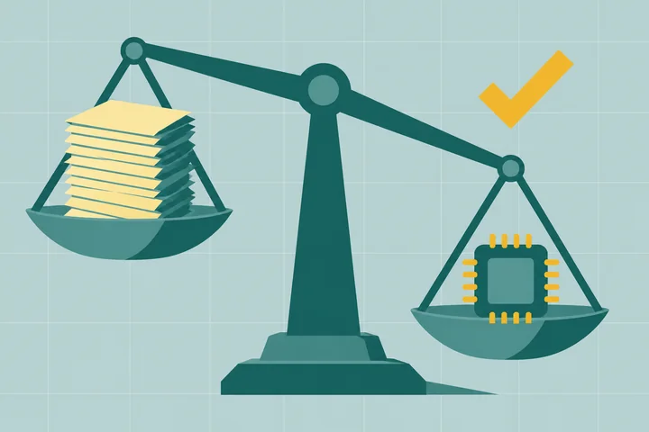 Illustration of AI bookkeeping vs traditional: a scale weighing a stack of paper against a microchip, with a check mark