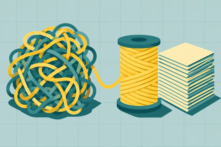Illustration of cleaning up messy books: a tangled ball of yarn being wound into a neat yellow spool beside a tidy stack of papers