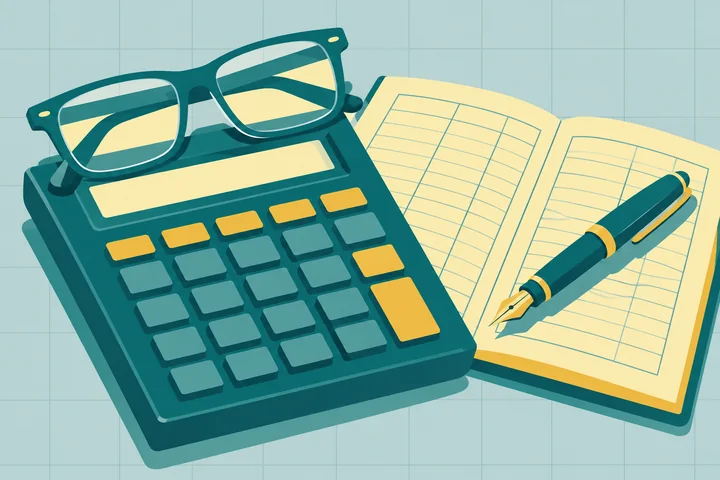 Illustration for will AI replace accountants: a desk calculator wearing reading glasses next to an open ledger with a fountain pen