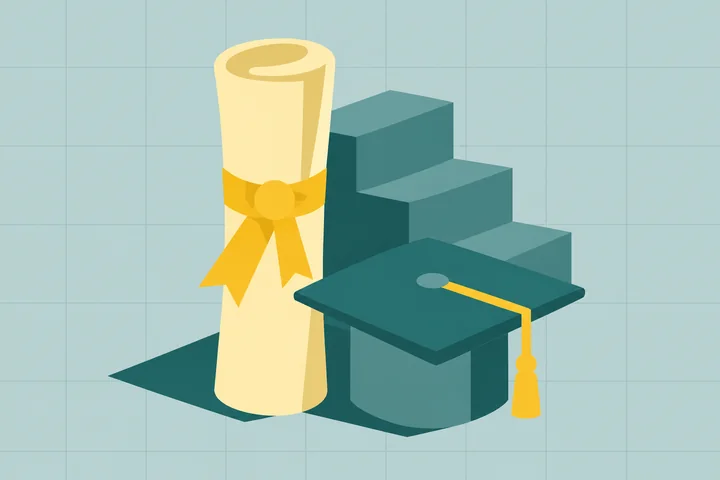 Illustration of NetSuite certification as a rolled diploma with a yellow ribbon, a teal graduation cap and three rising steps