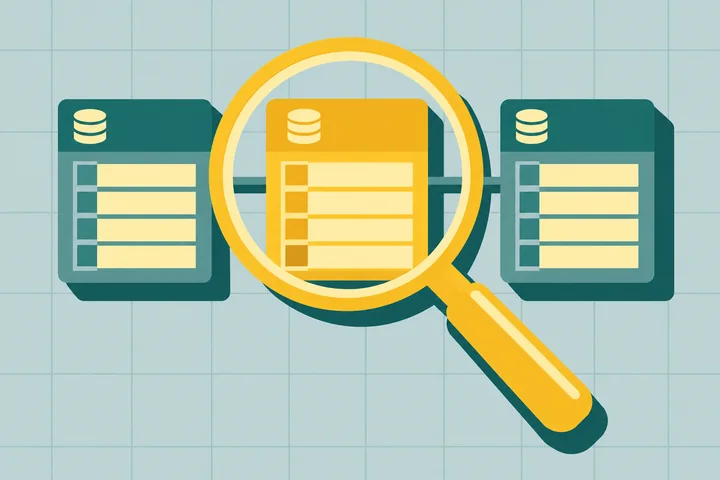 Illustration for the NetSuite schema browser: a magnifying glass over three linked database tables
