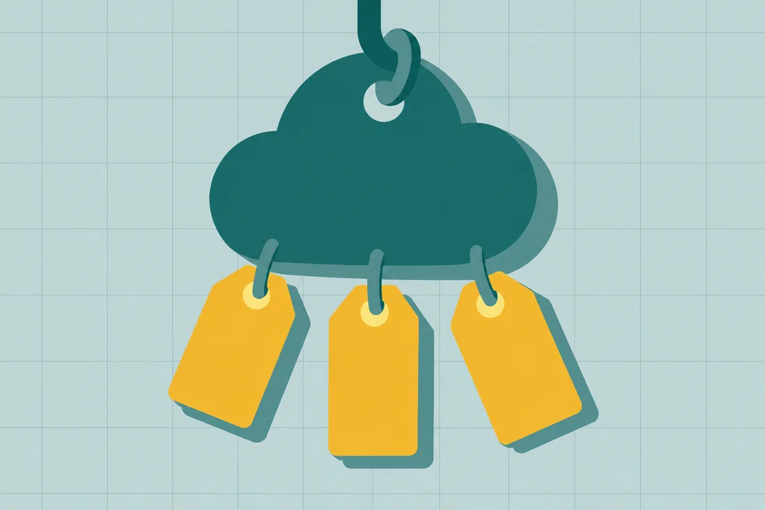 Illustration of NetSuite cost as a teal cloud-shaped price tag with three smaller yellow tags hanging from it