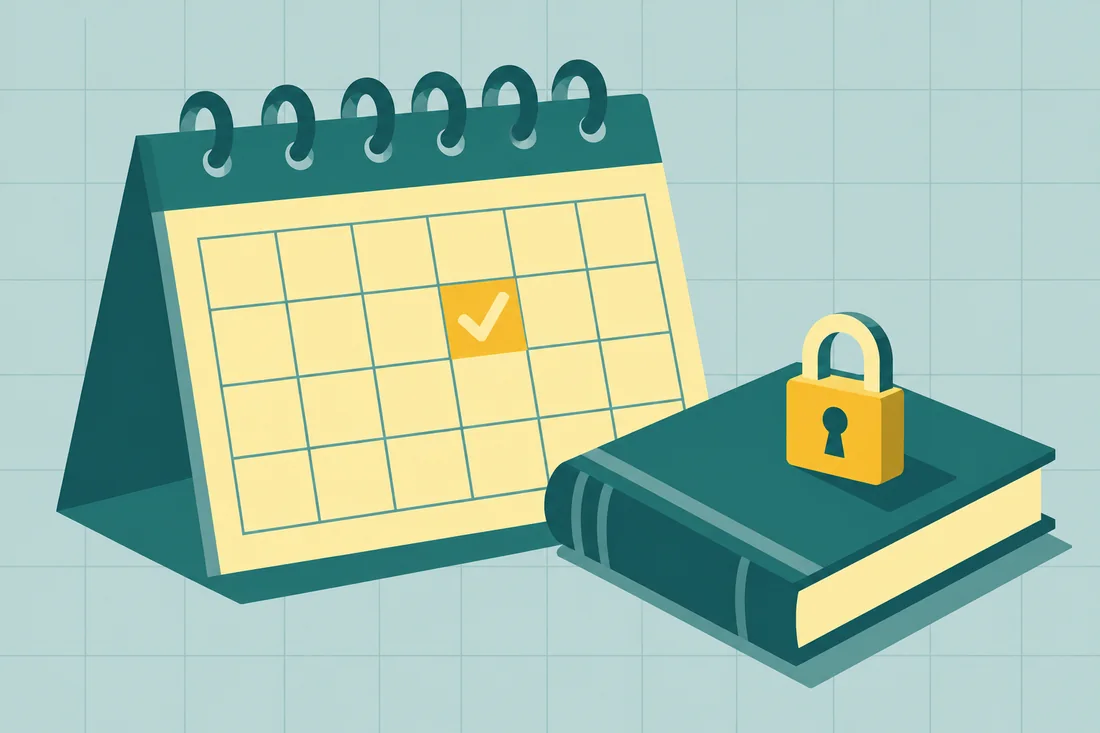 Illustration of the month-end close process: a desk calendar with a yellow check mark next to a closed ledger with a padlock