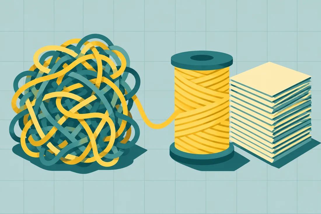 Illustration of cleaning up messy books: a tangled ball of yarn being wound into a neat yellow spool beside a tidy stack of papers