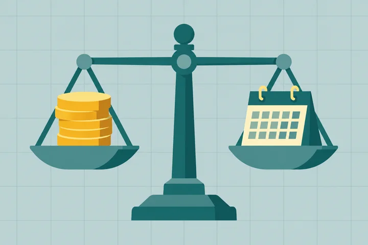 Illustration of cash basis vs accrual accounting: a balance scale with a stack of coins on one side and a calendar page on the other