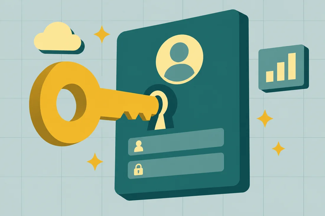 Illustration of getting a NetSuite demo account: a yellow key unlocking a sign-in card, with a cloud and a small chart