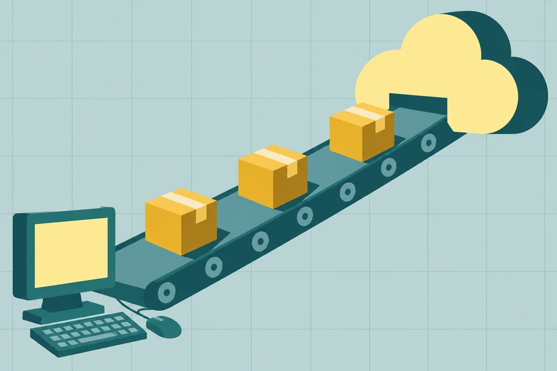 Illustration of a QuickBooks to NetSuite migration: moving boxes on a conveyor belt traveling from a small desktop computer to a large cloud