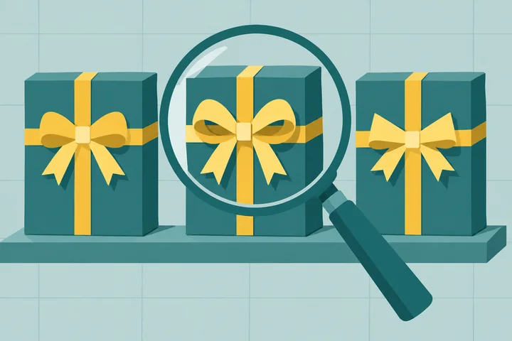Illustration of choosing the best AI accounting software as three identical teal boxes with yellow bows and a magnifying glass on one