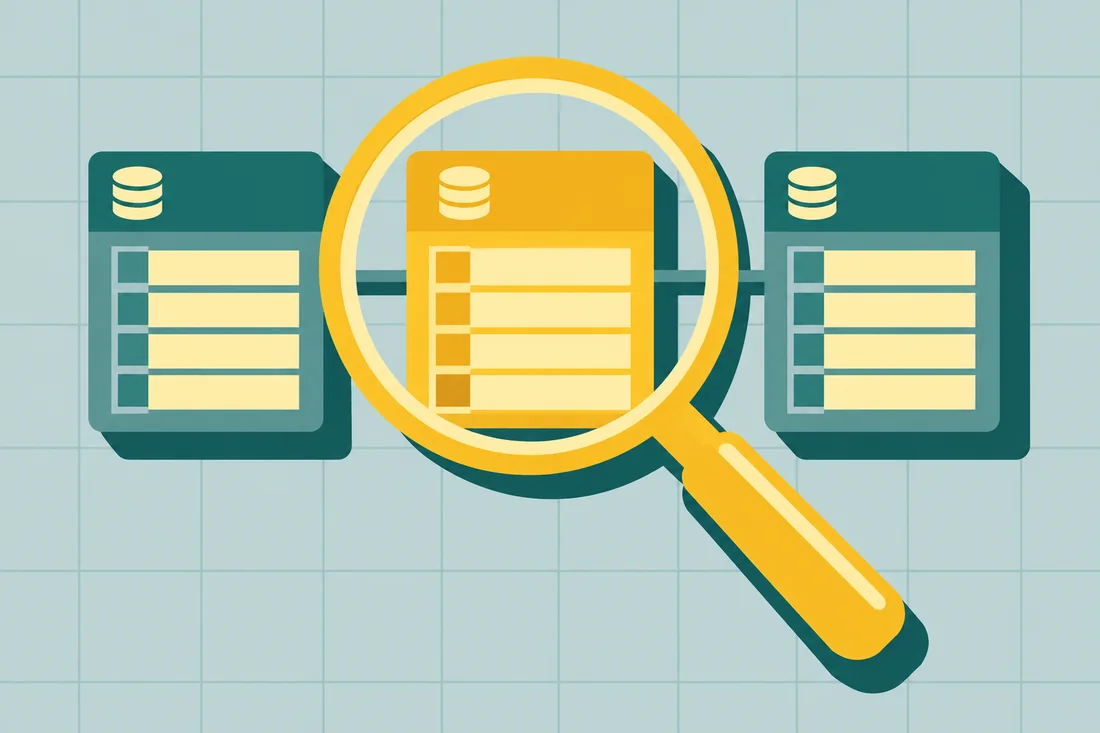 Illustration for the NetSuite schema browser: a magnifying glass over three linked database tables