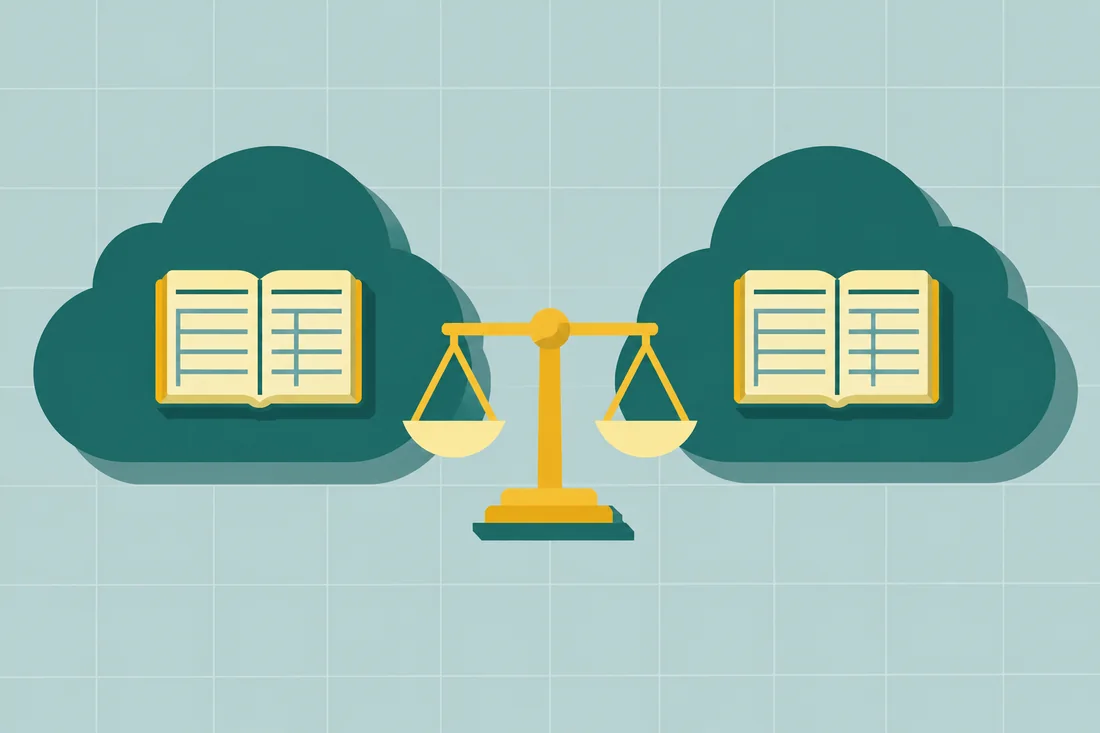 Illustration of Sage Intacct vs NetSuite as two teal clouds each holding a ledger, balanced on a yellow scale