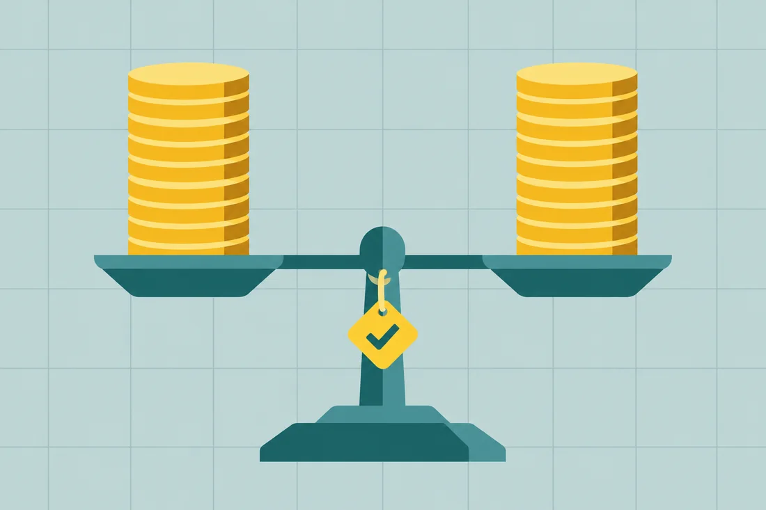 Illustration of NetSuite bank reconciliation as a balance scale with two equal stacks of coins and a yellow check tag