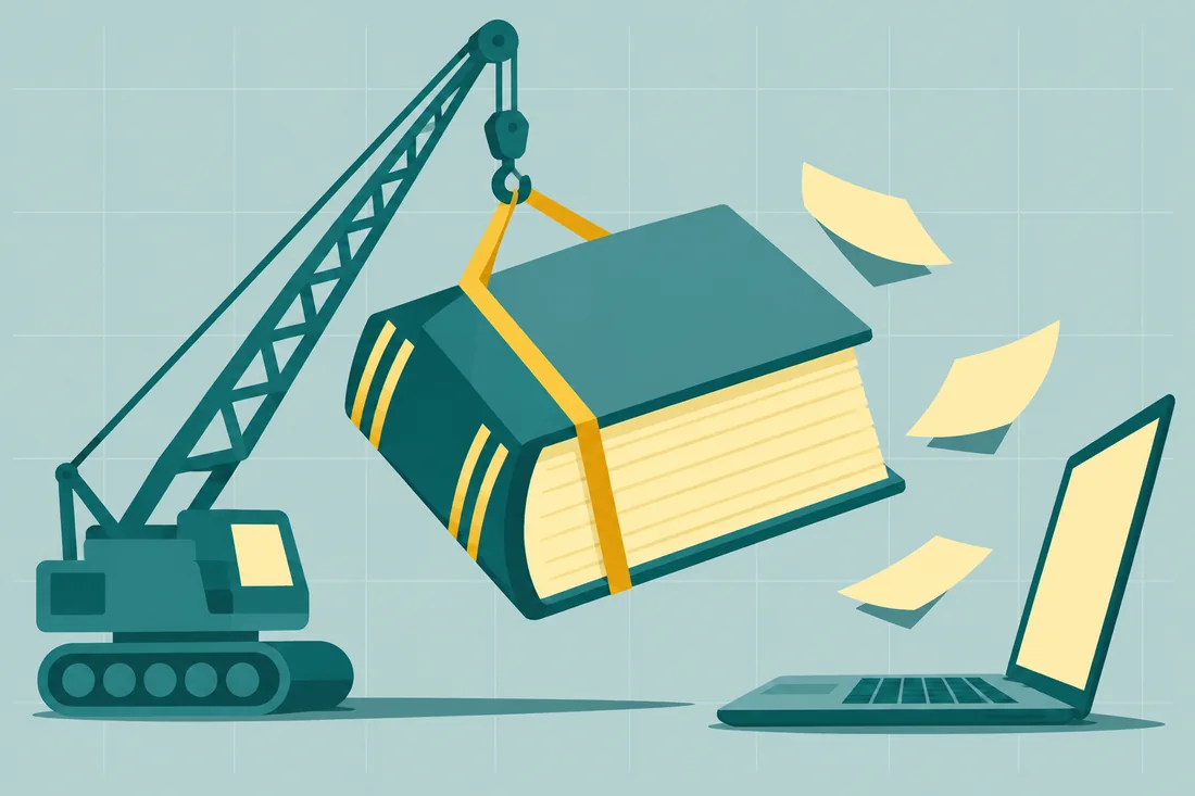 Illustration of a QuickBooks complex migration as a crane lifting a thick ledger book toward an open laptop