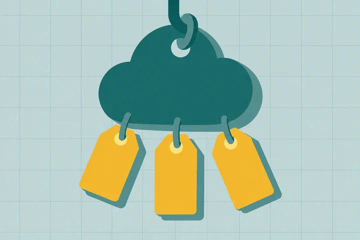 Illustration of NetSuite cost as a teal cloud-shaped price tag with three smaller yellow tags hanging from it
